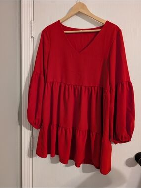 Red V-Neck Long Sleeve Tiered Dress
